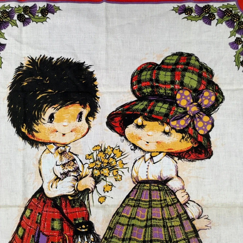 Vintage Vista Tea Towel Red Scottish Kindness Cotton Made in Britain MCM 1970 's